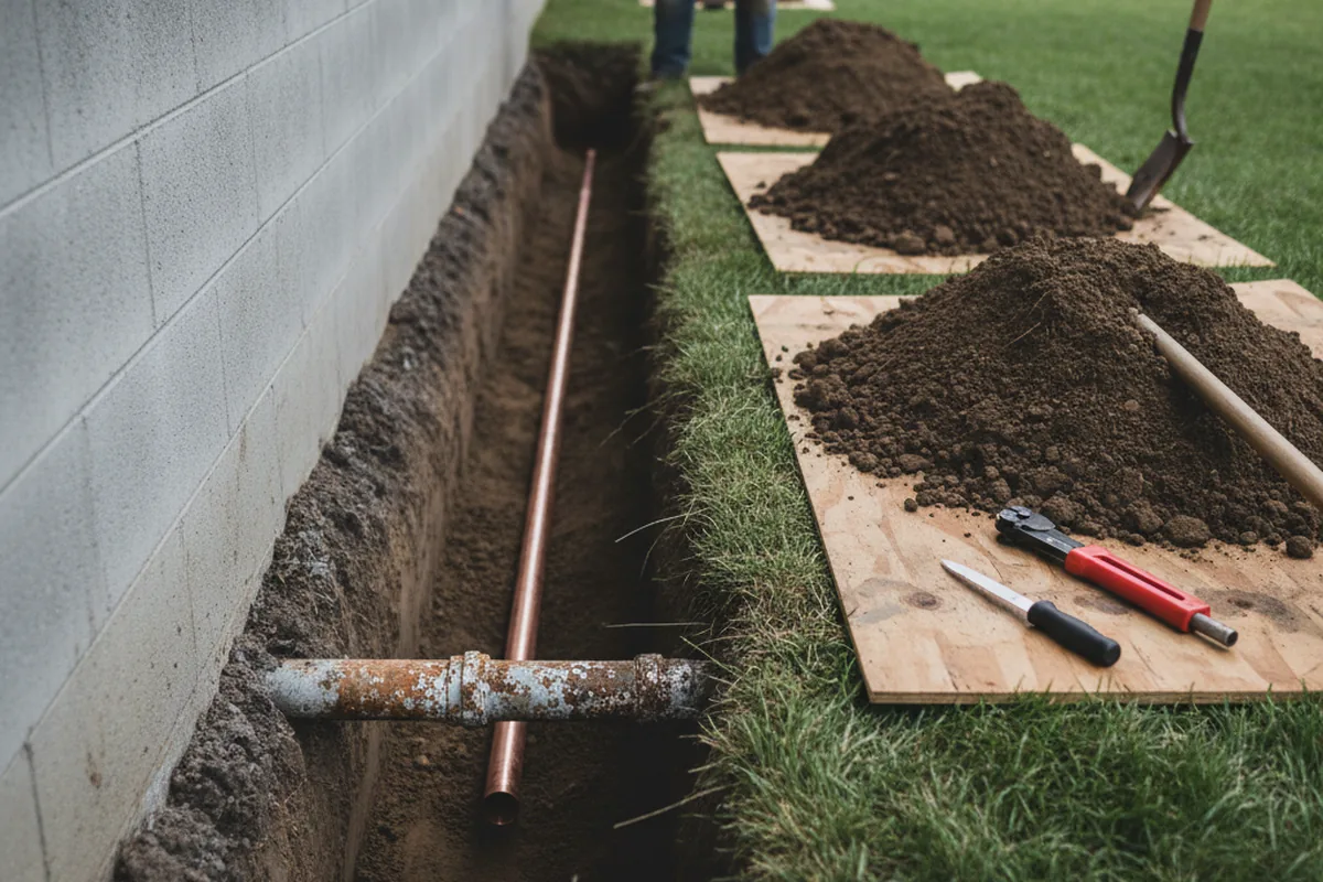 Excavated water line trench during Water Softener Installation in Ravenna